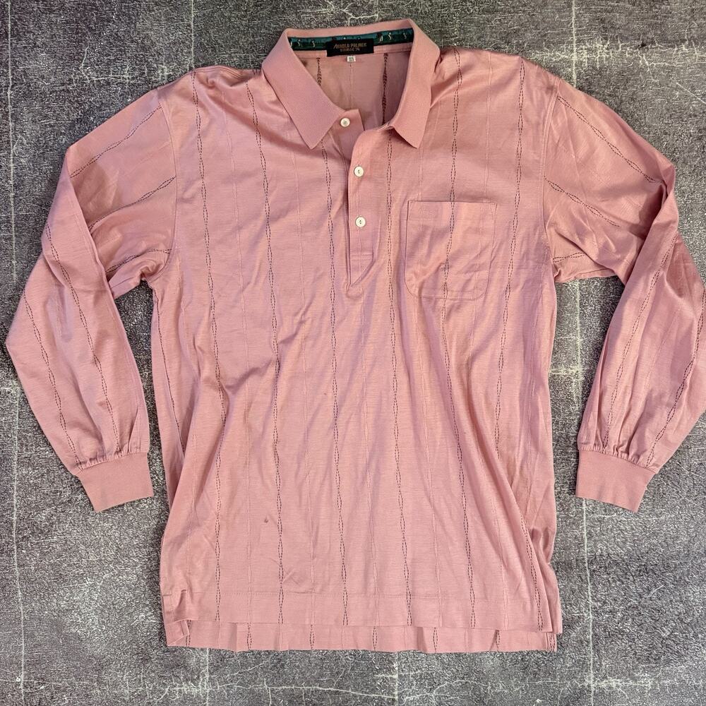Men's Vintage 70's Arnold Palmer Pink Striped Long Sleeved Golf Polo Shirt Sz M